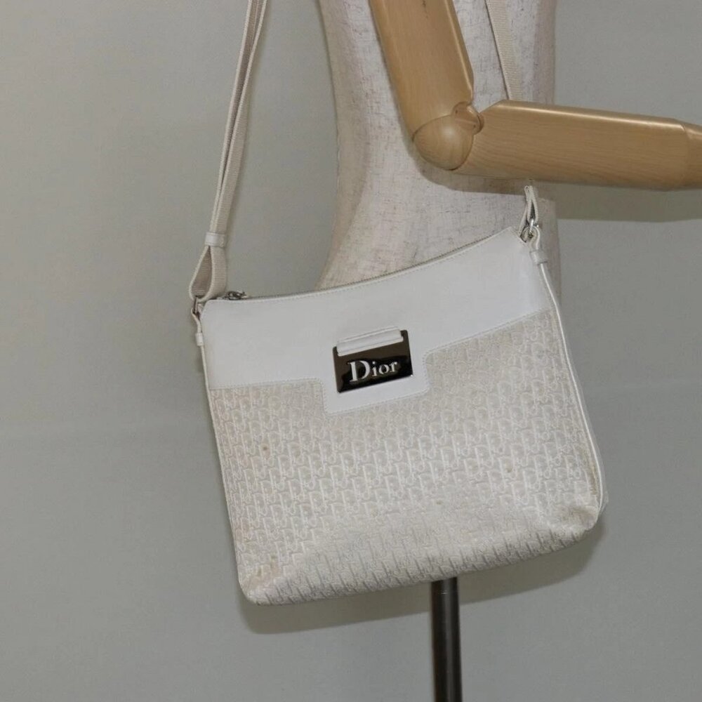 Christian Dior Trotter Canvas Shoulder Bag White Gold Auth